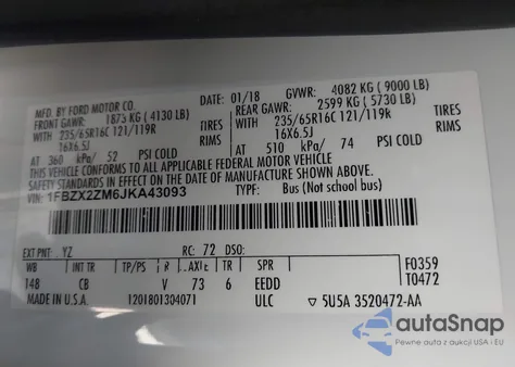 2018 Ford Transit-350 Xlt from USA, damaged, VIN 1FBZX2ZM6JKA43093